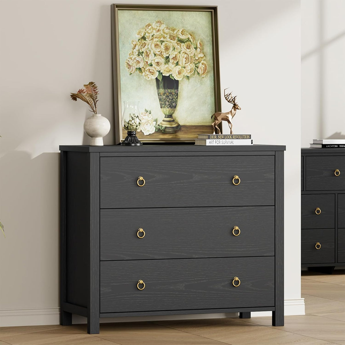 IDEALHOUSE 3 Drawer Dresser for Bedroom, 29" Tall Chest of Drawers, Wood Dresser for Closet, Clothes Storage Cabinet & Drawer Organizer for Living Room, Hallway, Entryway, Black