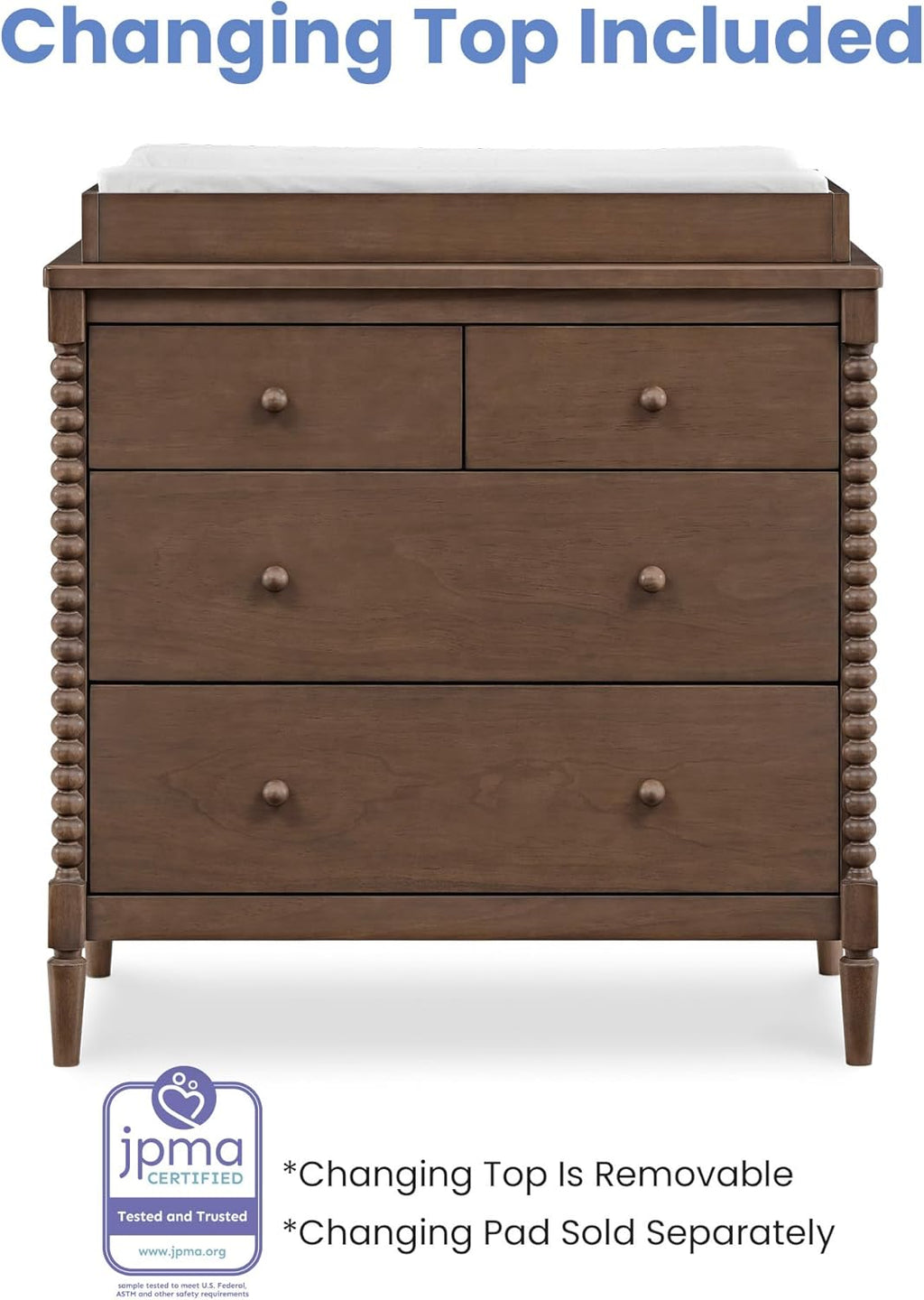 Delta Children Saint 4 Drawer Dresser with Changing Top and Interlocking Drawers, Teak Brown