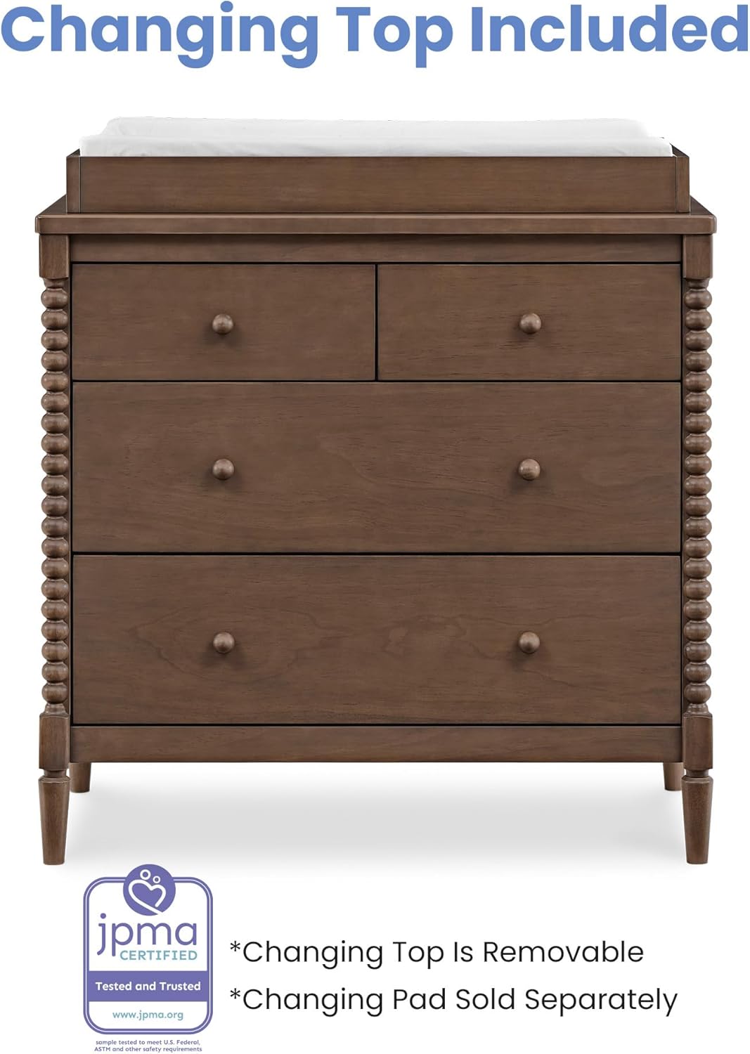 Delta Children Saint 4 Drawer Dresser with Changing Top and Interlocking Drawers, Teak Brown