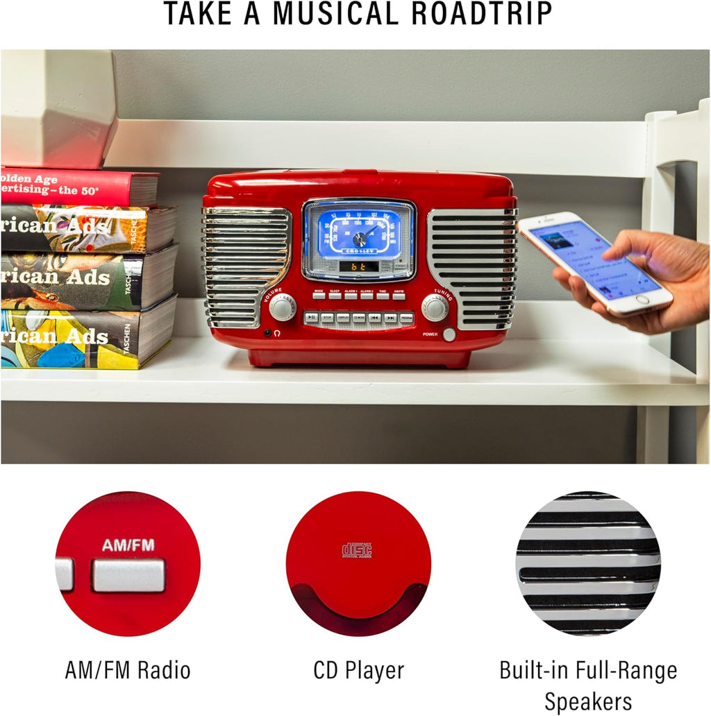 Crosley CR612B-RE Corsair Retro AM/FM Alarm Clock Radio and CD Player with Stereo Bluetooth Speakers, Red
