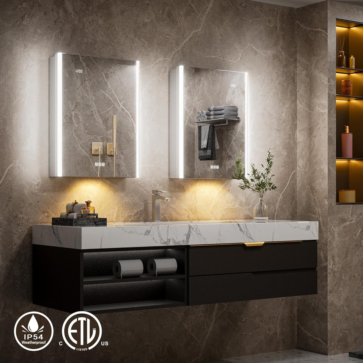 Lighted Medicine Cabinet Mirror with Lights & Smart Night Lamp -20x26 Surface or Recessed Medicine Cabinet Mirror with Outlet & Clock,Fogless Dimmable LED Storage Mirror,Built-in Sensor Light