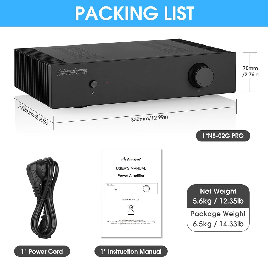Nobsound Class A Stereo Amplifier: Single-Ended HiFi Integrated Speaker Amp Dual RCA Input Symmetrical Circuit for Home Audio Audiophiles (NS-02G PRO)