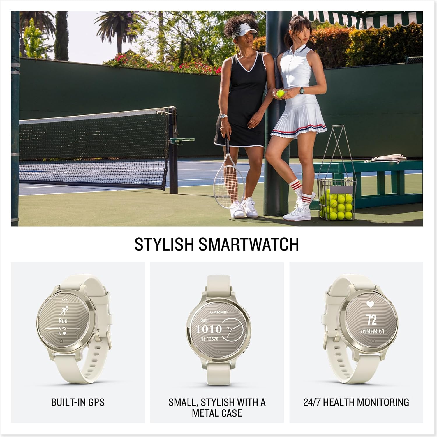 Garmin Lily® 2 Active, Small and Stylish Smartwatch, Built-in GPS, Hidden Display, Patterned Lens, Up to 9 Days Battery Life, Lunar Gold with Bone Silicone Band