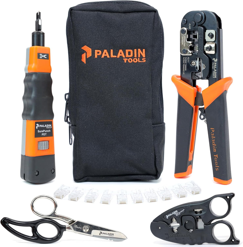 Paladin Tools PA4908 Network Tool Kit - VDV Technicians Kit - Wire Cutter, Wire Stripper, Scissors, Punchdown Tool, Plugs - RJ45 RJ11 RJ12 RJ22 (POE Ethernet)