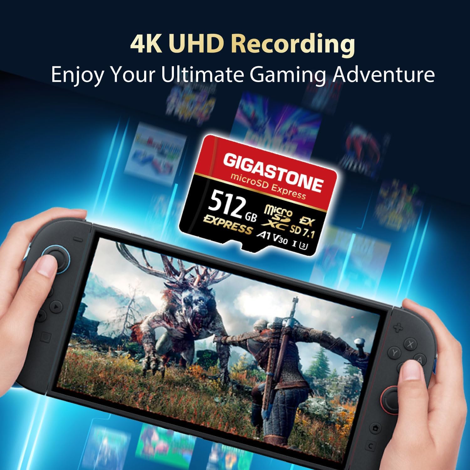 【Designed for Switch 2】 GIGASTONE 512GB microSD Express R/W 880/650MB/s SDXC Memory Card SD 2.0 3.0 5.0 7.1 UHS-I UHS-II, Action Camera Drone, V30 U3, SD Adapter 【5-Years Data Recovery】