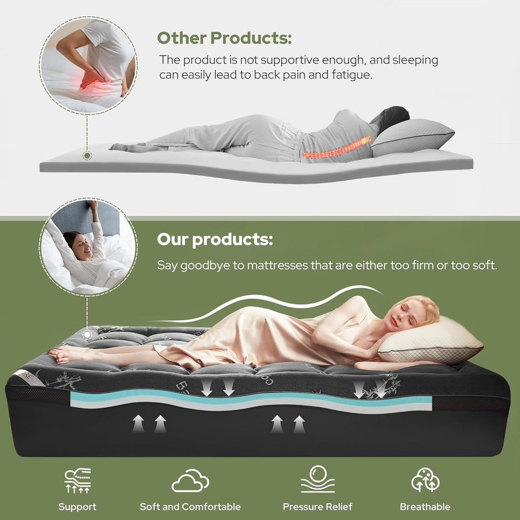BEDLORE 4 Inch Memory Foam Mattress Topper Queen,2-in-1 Dual Layer Design (2" Gel Memory Foam + 2" Plush Pillow Top Cover) Mattress Topper Medium-Firm,Pressure Relief & Back Pain Support(Dark Gray)