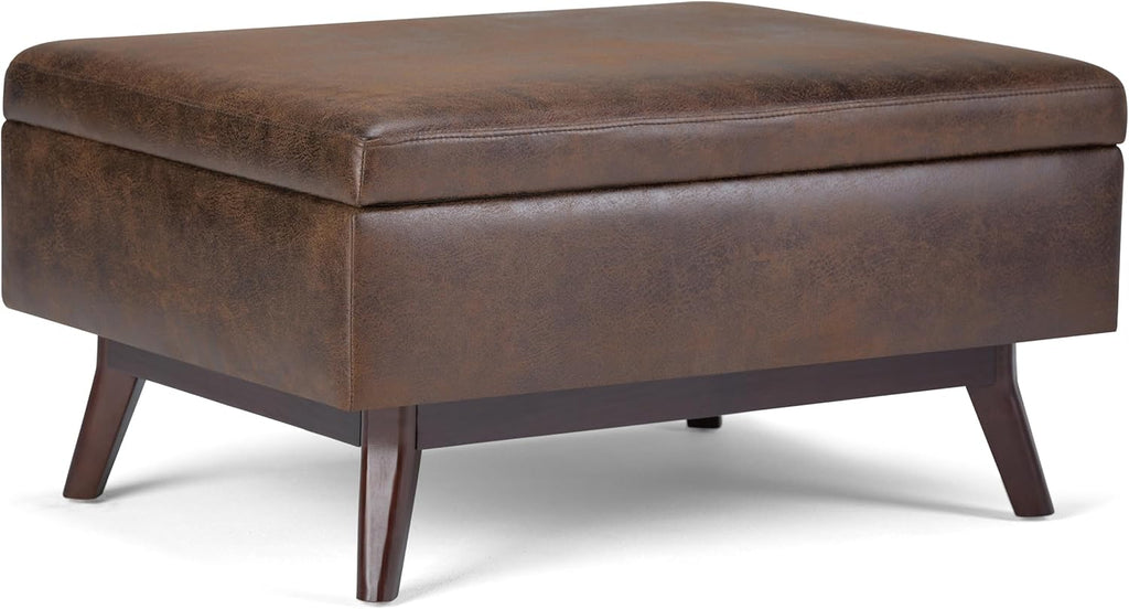 SIMPLIHOME Owen Coffee Table Storage Ottoman - 34" Wide x 19" High Upholstered Vegan Leather Rectangular Lift-Top Ottoman in Distressed Chestnut Brown, Mid-Century Modern Bench with Tapered Legs