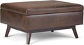 SIMPLIHOME Owen Coffee Table Storage Ottoman - 34" Wide x 19" High Upholstered Vegan Leather Rectangular Lift-Top Ottoman in Distressed Chestnut Brown, Mid-Century Modern Bench with Tapered Legs