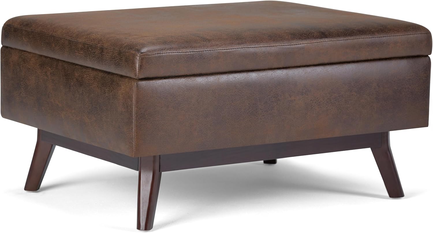 SIMPLIHOME Owen Coffee Table Storage Ottoman - 34" Wide x 19" High Upholstered Vegan Leather Rectangular Lift-Top Ottoman in Distressed Chestnut Brown, Mid-Century Modern Bench with Tapered Legs