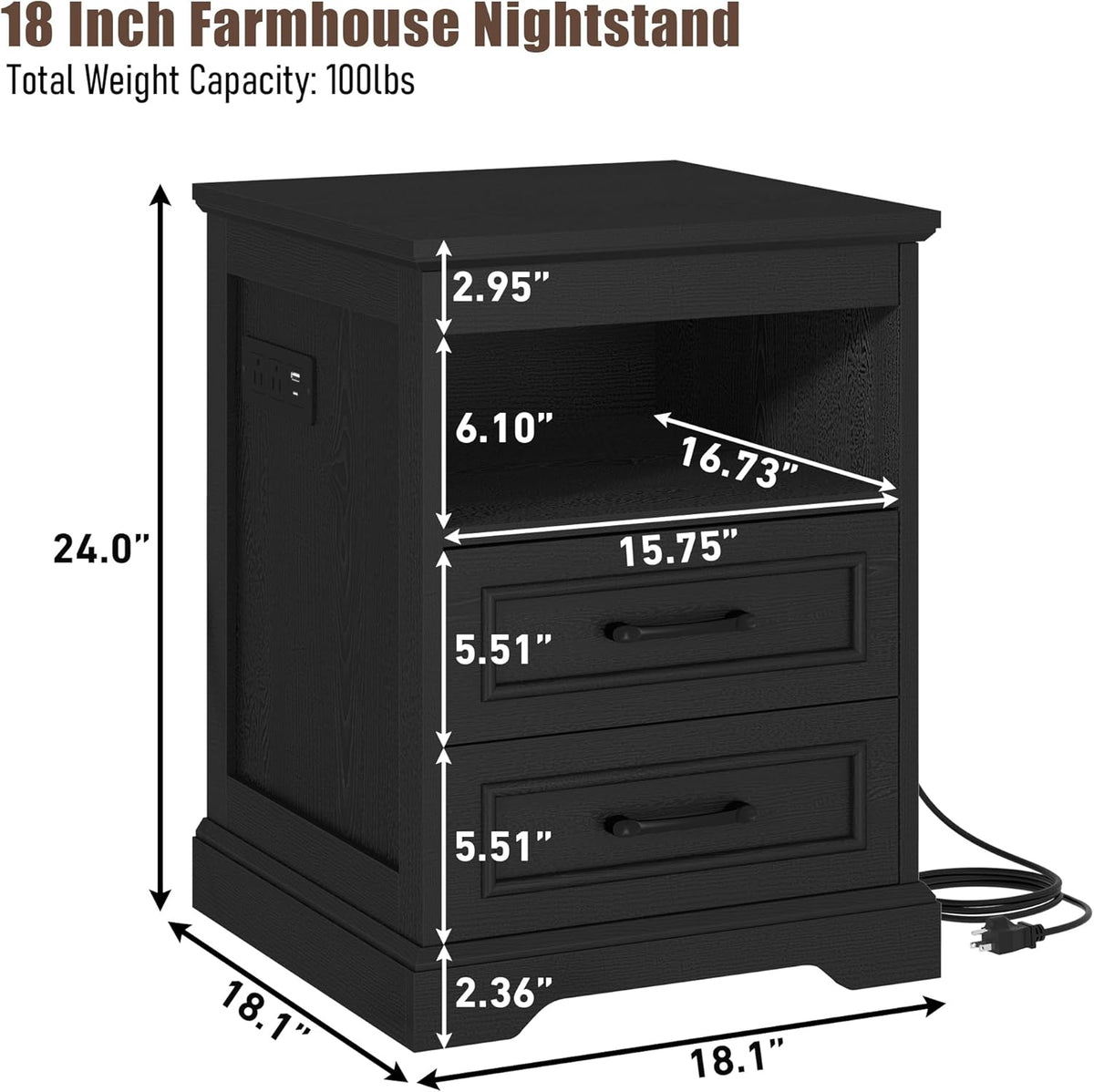 Gadroad 18" Farmhouse Accent Nightstand with Charging Station, End Table with 3 Drawers Storage, Side Table, Bedside Cabinet for LivingRoom Bedroom Office, Black