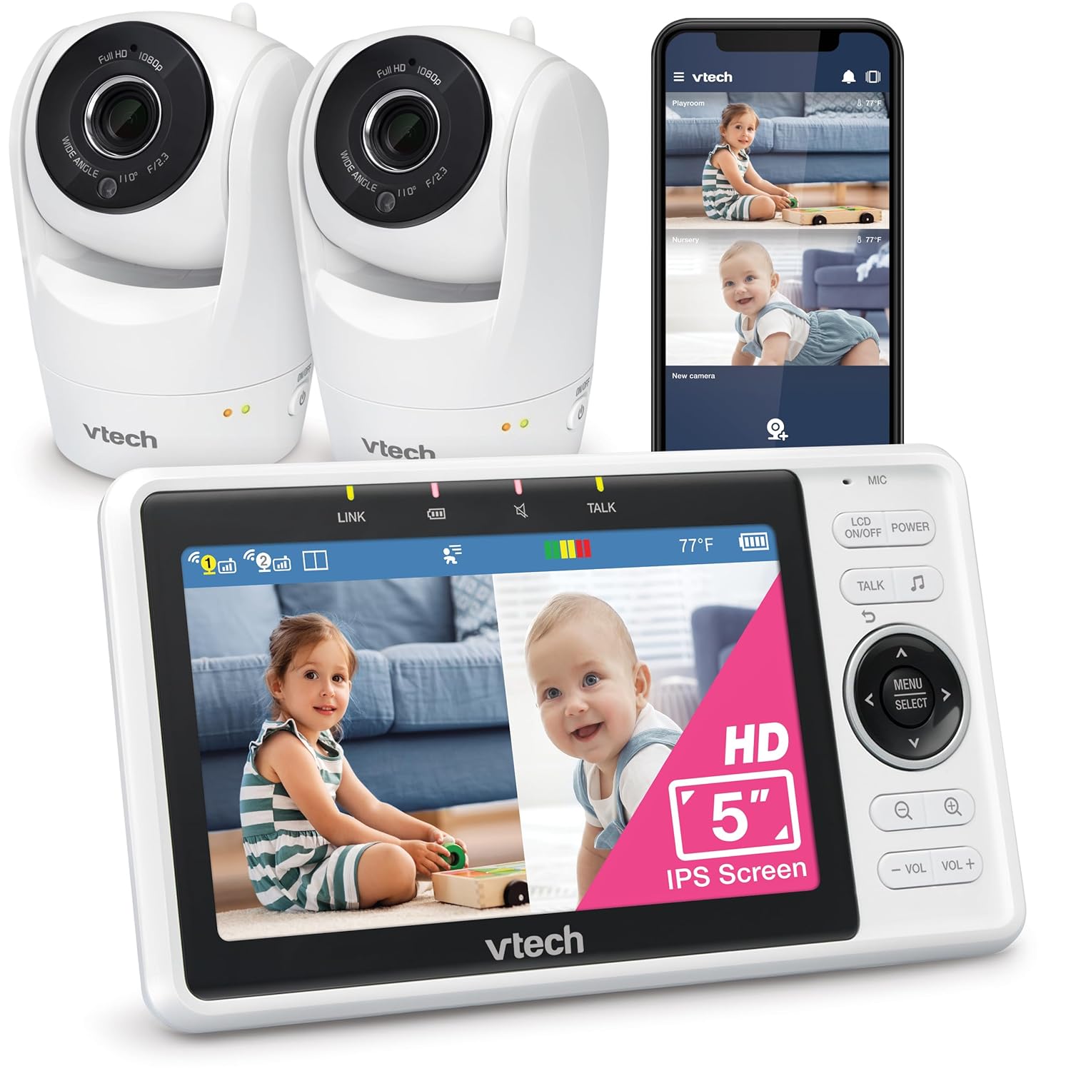 VTech WiFi Baby Monitor with 2 Cameras & 5" HD Split Screen – 1080p Video, Remote Pan Tilt Zoom, Night Vision, Two-Way Talk, Motion Alerts, Free App | VM901-2HD