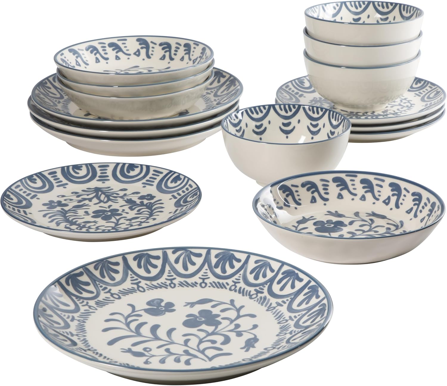 Bloomhouse - 2-Time Oprah's Favorite Things - Valencia Flor 16 Piece Dinnerware Set, Artisanal Decorated Stoneware Plates & Bowls, Service for 4, Microwave & Dishwasher Safe, Iris Blue