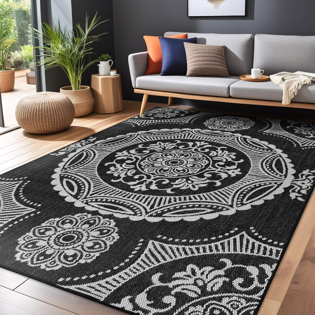 Luul Home Medallion Outdoor Rug 6x9 Washable Outside Carpet for Indoor Patio Porch Waterproof Easy Cleaning Non Shedding Area Rugs Black 6 x 9