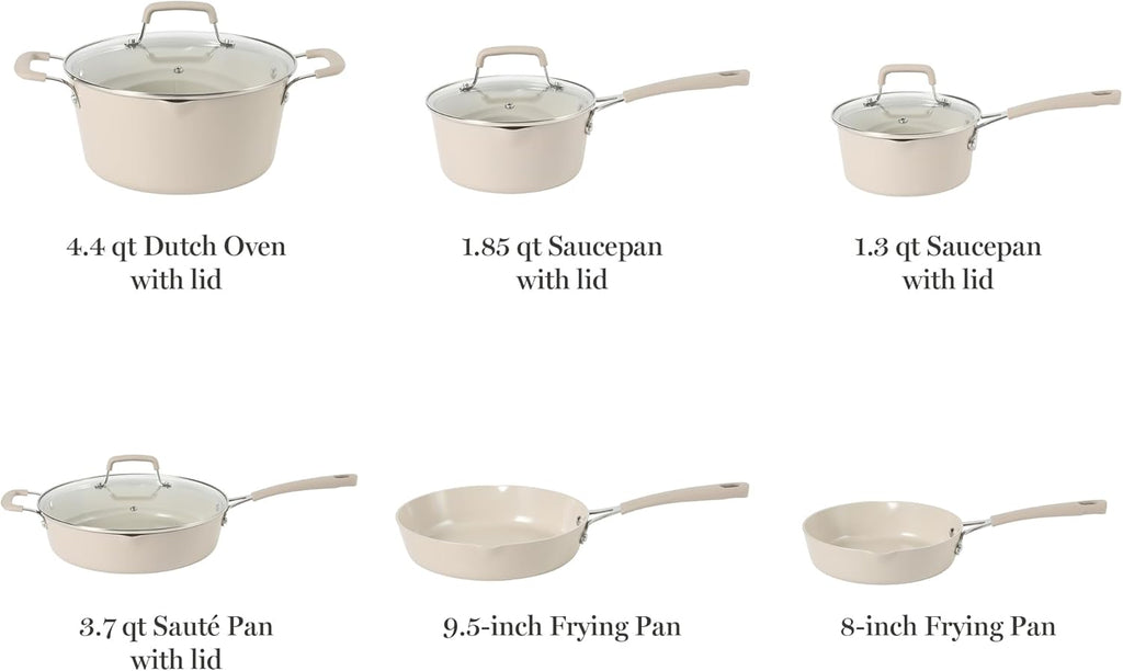 Martha Stewart Heathland Premium Nonstick PFA Free Ceramic Interior 10-Piece Tapered Aluminum Cookware Set - Taupe