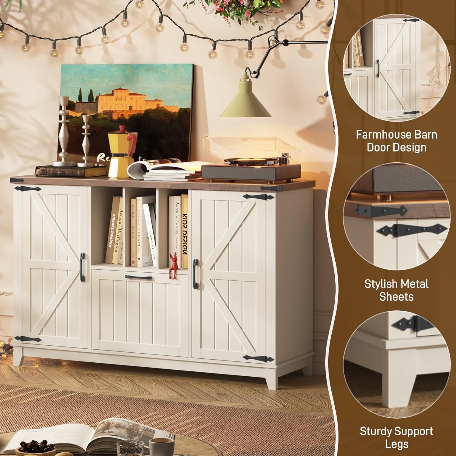 Lateral File Cabinet with File Drawer, Farmhouse Filing Cabinet with Storage Shelves for Legal/A4/Letter Size Hanging Files, Large Modern Printer Stand for Home Office (Rustic White and Brown)