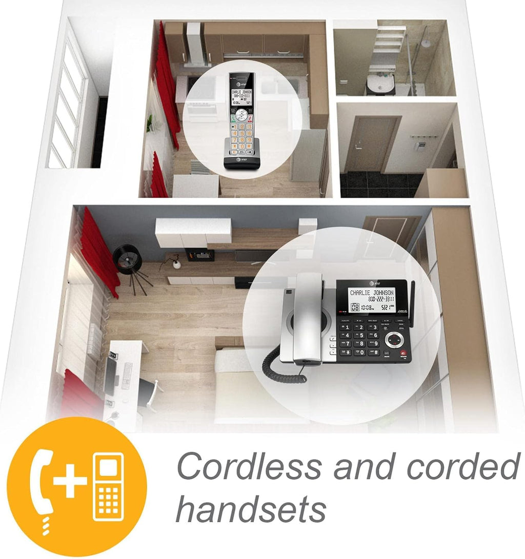 AT&T CL84207 DECT 6.0 2-Handset Corded/Cordless Phone for Home with Long Range, Answering Machine, Call Blocking, Caller ID Announcer, Intercom, and Line-power mode, Silver/Black