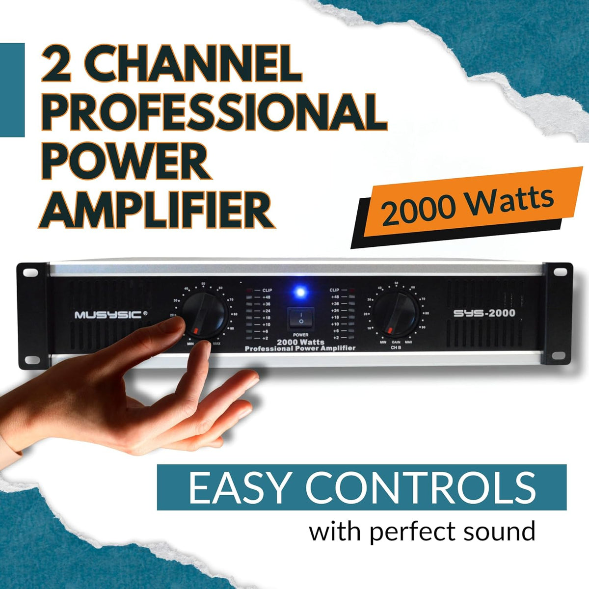 MUSYSIC Professional Power Amplifier 2 Channel 2000W - Home Audio Component Amplifiers for DJ, PA System, Speakers - high Quality Stereo Amp with Digital Audio Processing - Stereo XLR & 1/4" Inputs