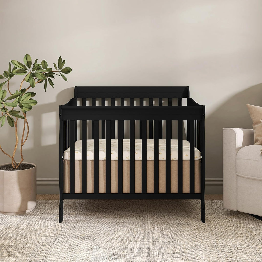 Dream On Me Aden 4-in-1 Convertible Mini Baby Crib, GREENGUARD Gold & BSA Certified, Sustainable Pinewood, Non-Toxic Finish, 3 Mattress Heights, Converts to Mini Day & Twin-Size Bed - Black