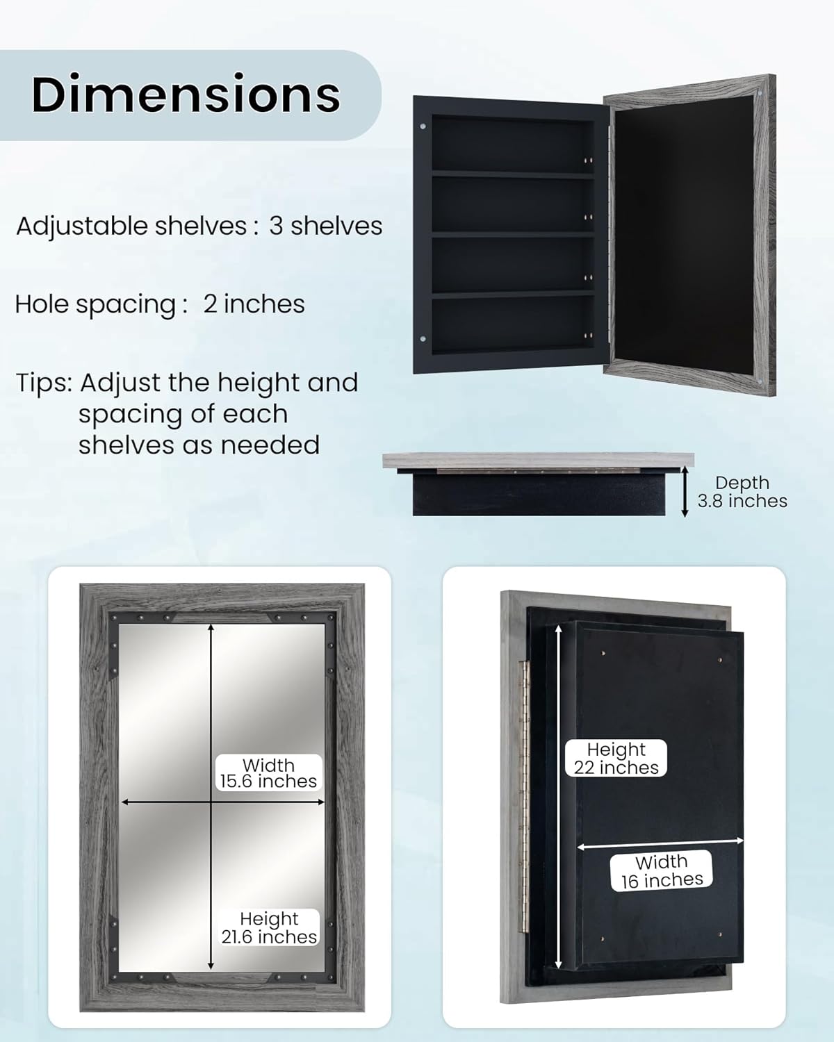 FLYJOE Medicine Cabinet Mirror 20 x 26 Inch Farmhouse Bathroom Mirror Door Solid Wood Storage Cabinet with Adjustable Shelves, Wall Mounted for Bathroom Living Room, Grey