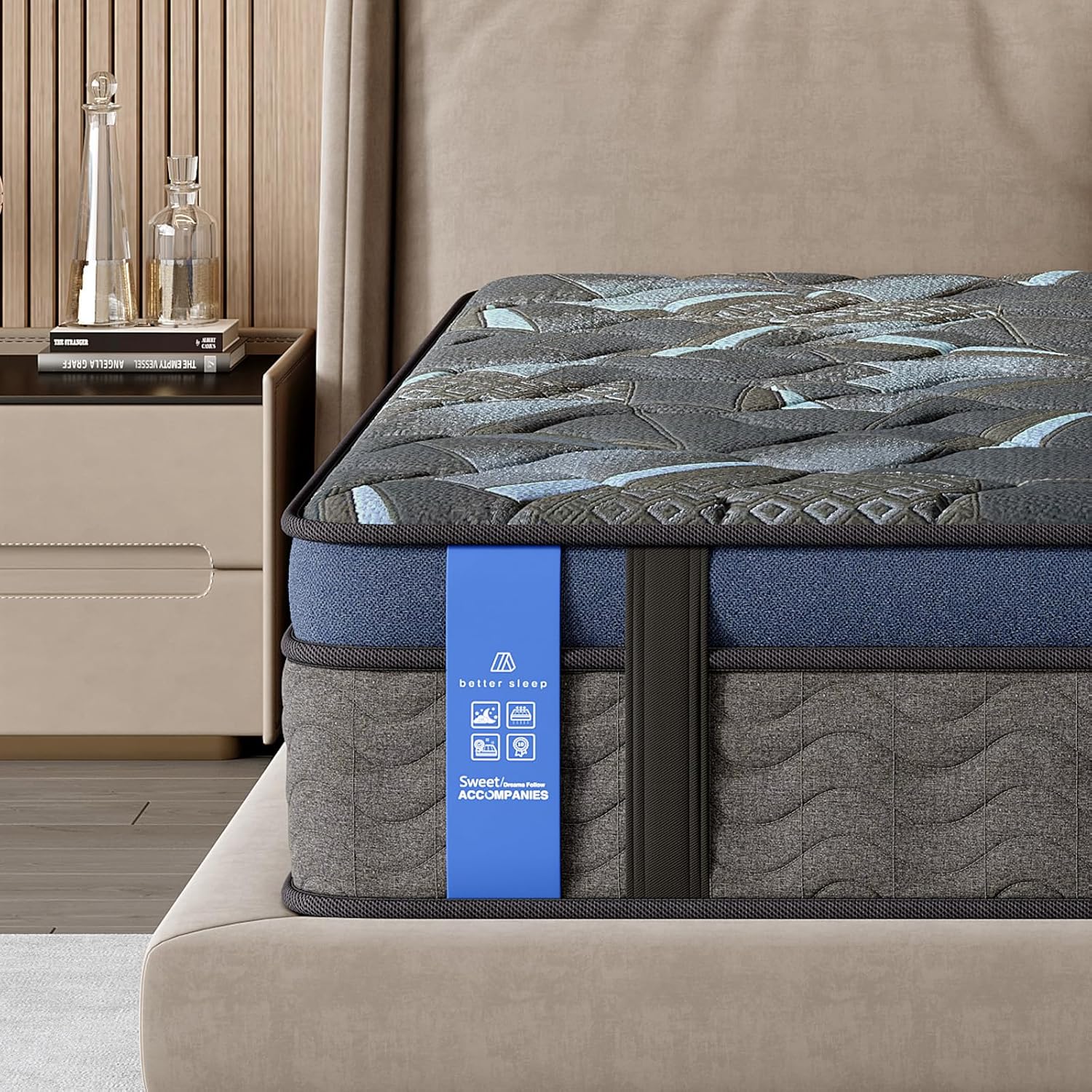 12 Inch Queen Plush Hybrid Mattress, Gel Memory Foam & Pocket Springs, Pressure Relief & Zoned Support, Medium Firm, CertiPUR-US (Grayish Blue, Queen (U.S. Standard), 12, 12, Inches)