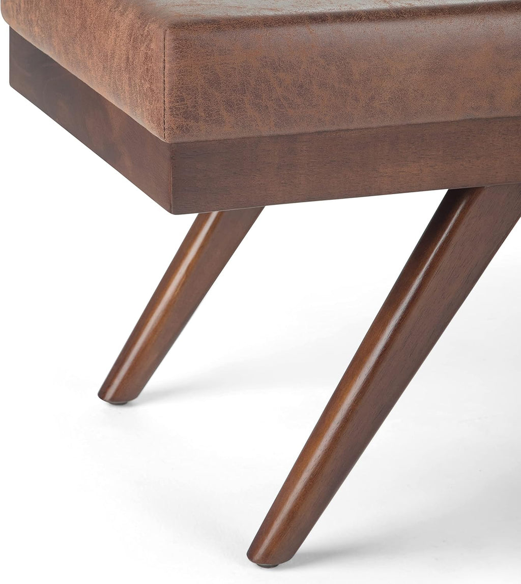 SIMPLIHOME Chanelle Ottoman Bench - 48 inch Wide Upholstered Vegan Leather Rectangle Ottoman in Distressed Umber Brown, Mid Century Modern Bench for Bedroom with Flared Tapered Legs, Assembled