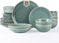 GBHOME Dinnerware Sets with Double Bowls for 6, 24 Pieces Stoneware Plates and Bowls Set, Scratch Resistant Ceramic Dishes Set, Dishwasher & Microwave Safe-Malachite Green
