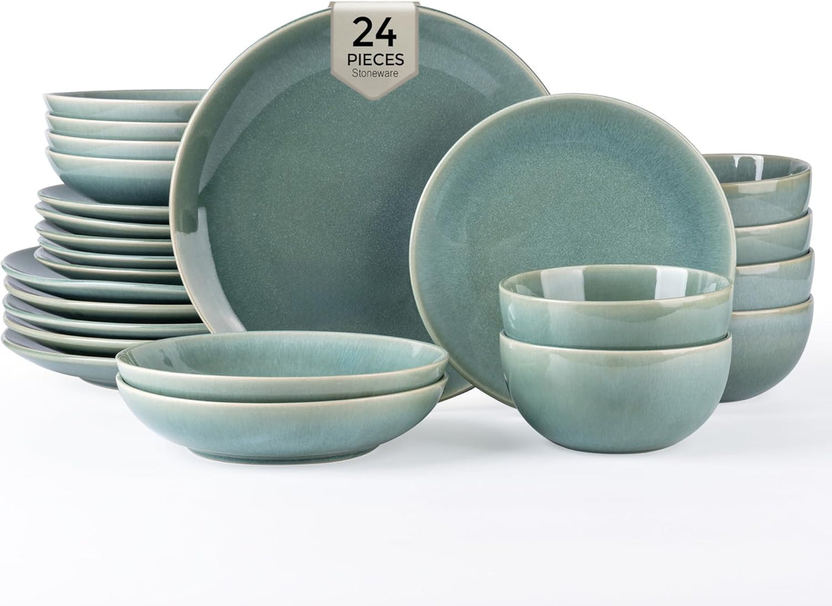 GBHOME Dinnerware Sets with Double Bowls for 6, 24 Pieces Stoneware Plates and Bowls Set, Scratch Resistant Ceramic Dishes Set, Dishwasher & Microwave Safe-Malachite Green