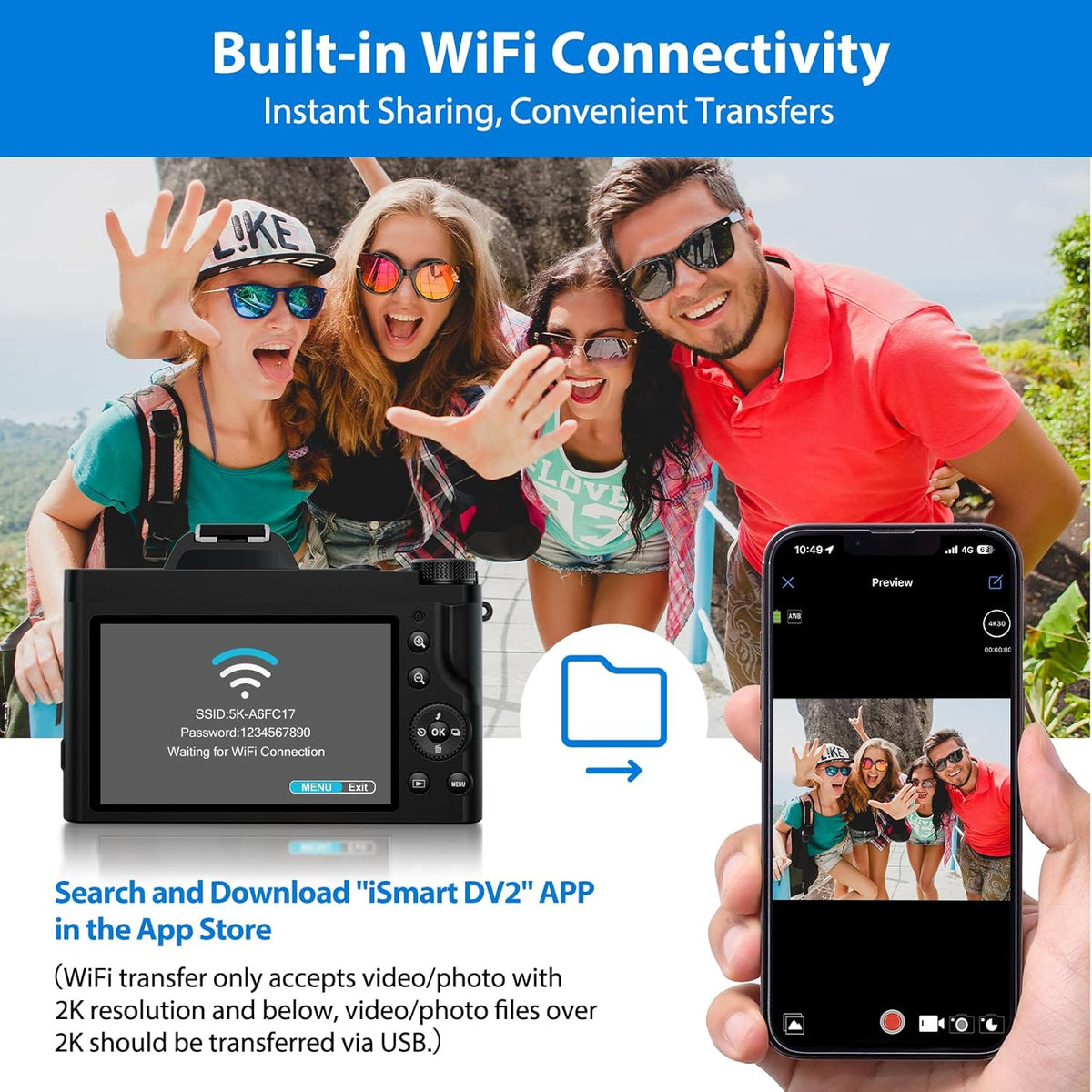 5K Digital Camera WiFi Autofocus Vlogging Camera for YouTube 48MP Camera for Photography and Video, 3.5" Screen Travel Cameras with UV Filter, Anti-Shake,16X Digital Zoom,32GB SD Card,2 Batteries