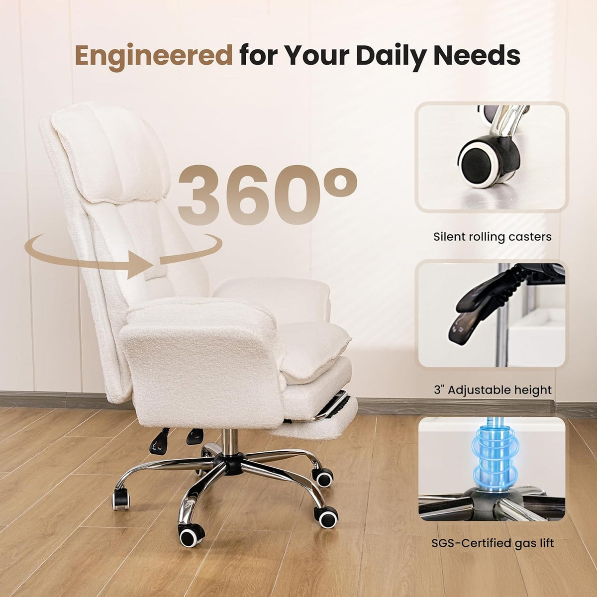 Big and Tall Office Chair, Flip Armrests for Pets & Cross Legged Sitting, Executive Ergonomic Computer Gaming Chair with Foot Rest, Teddy Fleece Wide Seat Reclining Desk Chair, White Vanity Chair