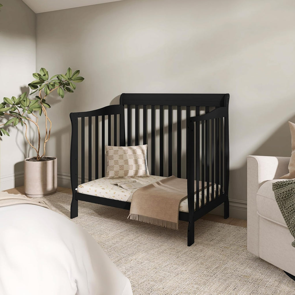 Dream On Me Aden 4-in-1 Convertible Mini Baby Crib, GREENGUARD Gold & BSA Certified, Sustainable Pinewood, Non-Toxic Finish, 3 Mattress Heights, Converts to Mini Day & Twin-Size Bed - Black