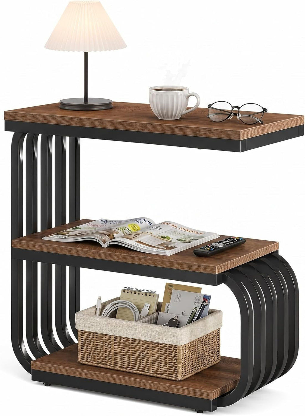Tribesigns Small Narrow End Table with Storage Shelf, Industrial Side Tables with Curved Metal Frame, 3-Tier Accent Table and Nightstand for Living Room, Bedroom, Small Space (1, Brown)