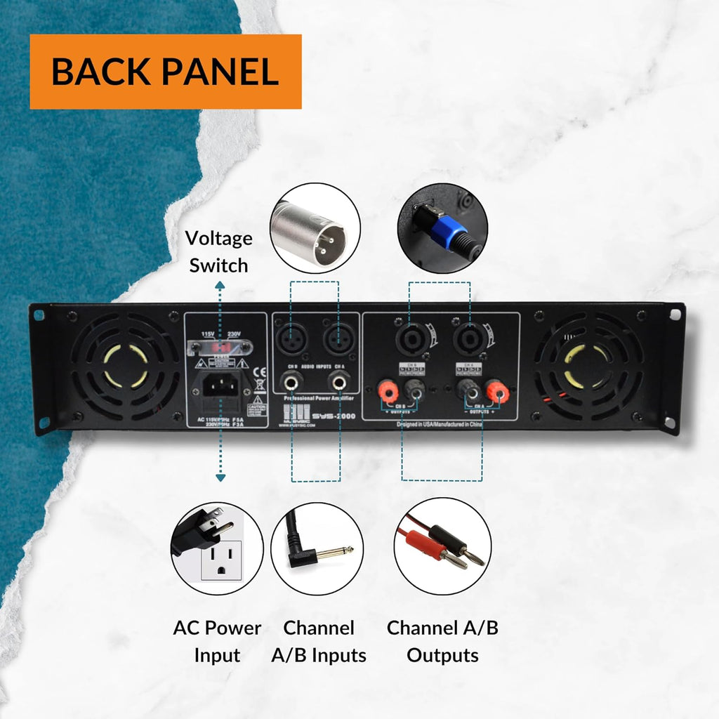 MUSYSIC Professional Power Amplifier 2 Channel 2000W - Home Audio Component Amplifiers for DJ, PA System, Speakers - high Quality Stereo Amp with Digital Audio Processing - Stereo XLR & 1/4" Inputs
