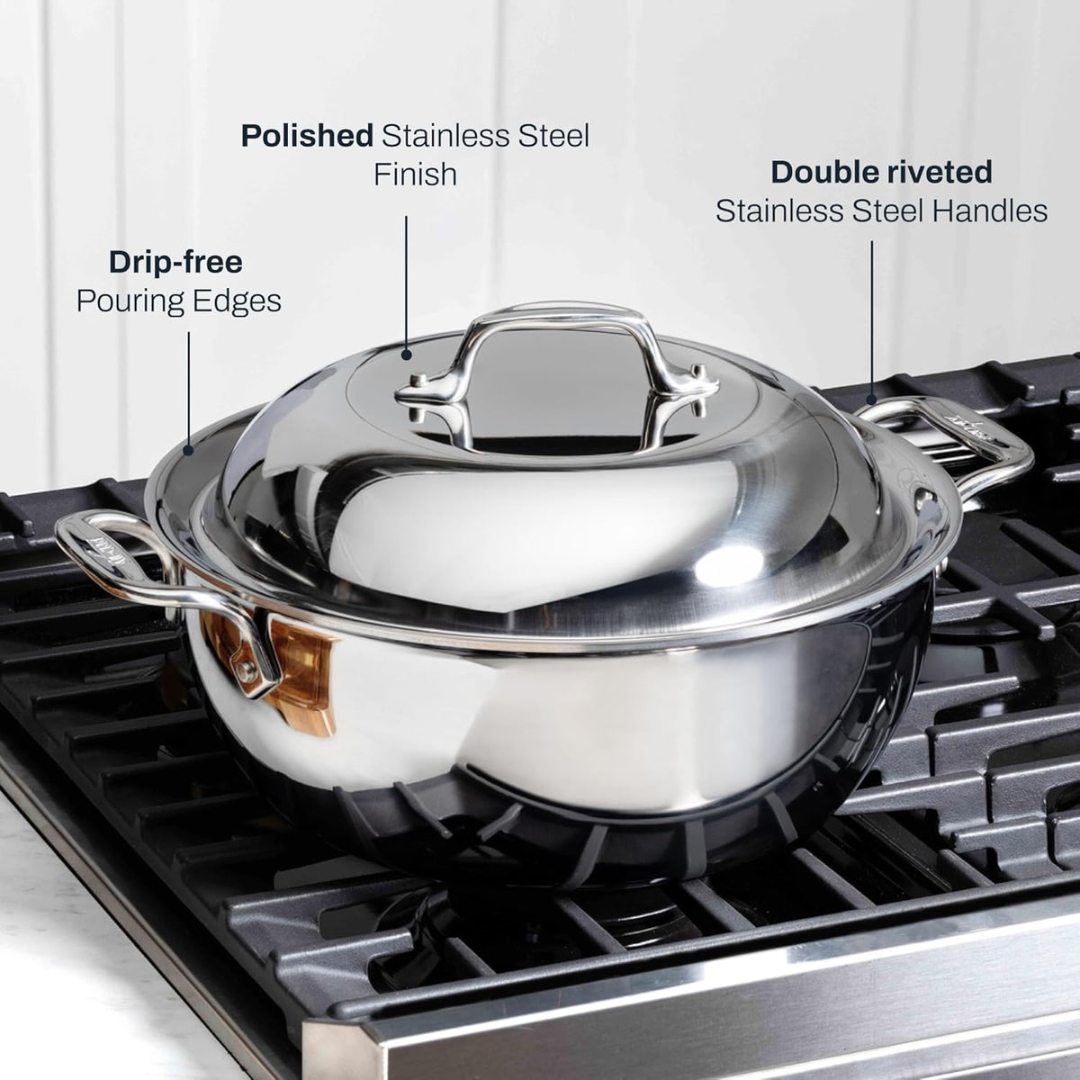 All-Clad D3 3-Ply Stainless Steel Dutch Oven 5.5 Quart Induction Oven Broiler Safe 600F Pots and Pans, Cookware Silver