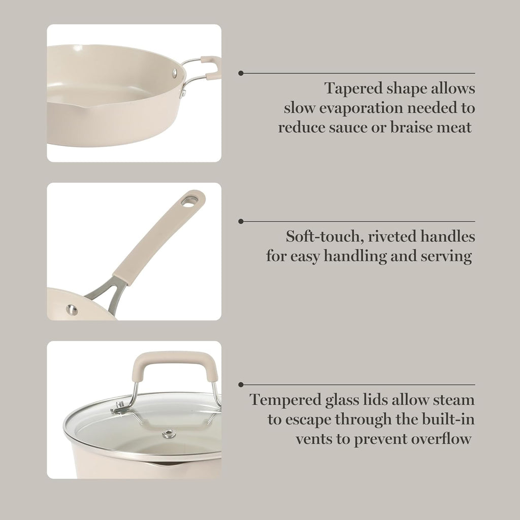 Martha Stewart Heathland Premium Nonstick PFA Free Ceramic Interior 10-Piece Tapered Aluminum Cookware Set - Taupe
