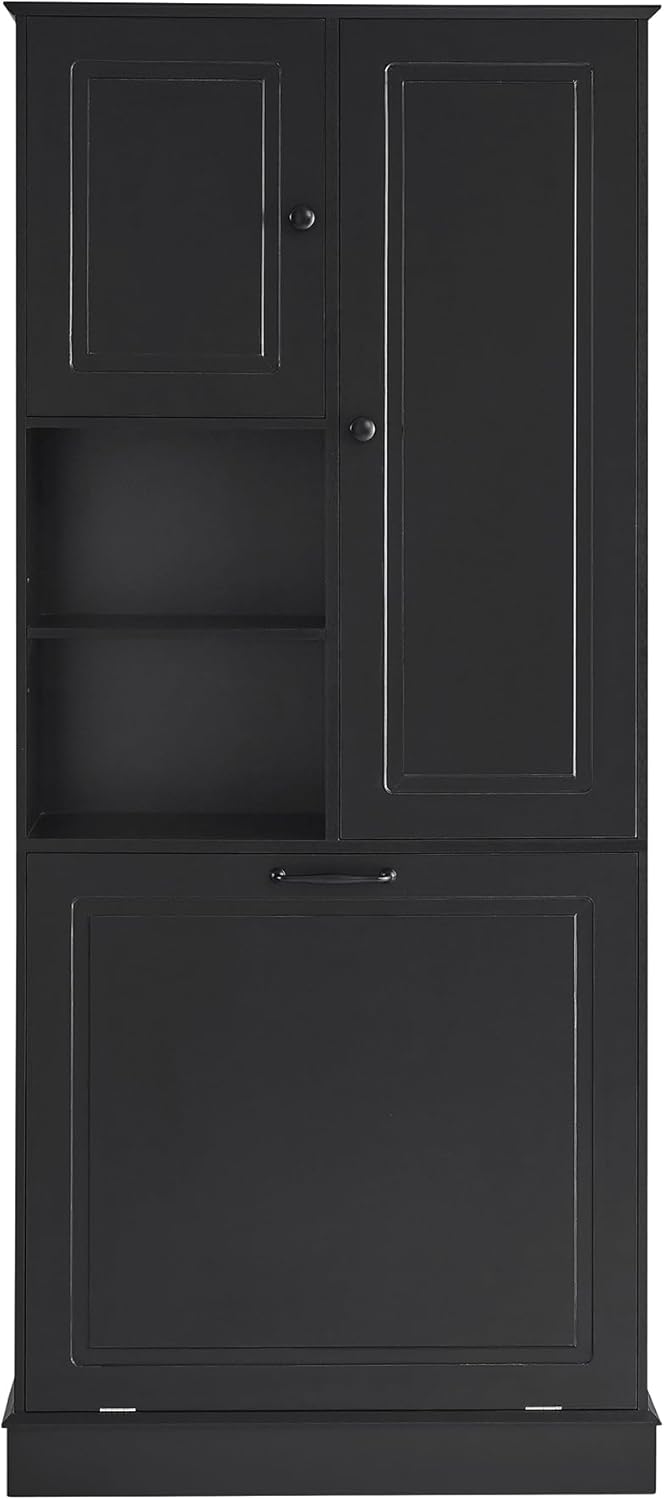68" Tall Bathroom Storage Cabinet with Two Doors and Laundry Hamper for Home Display Organizer, Adjustable Shelf, Gray