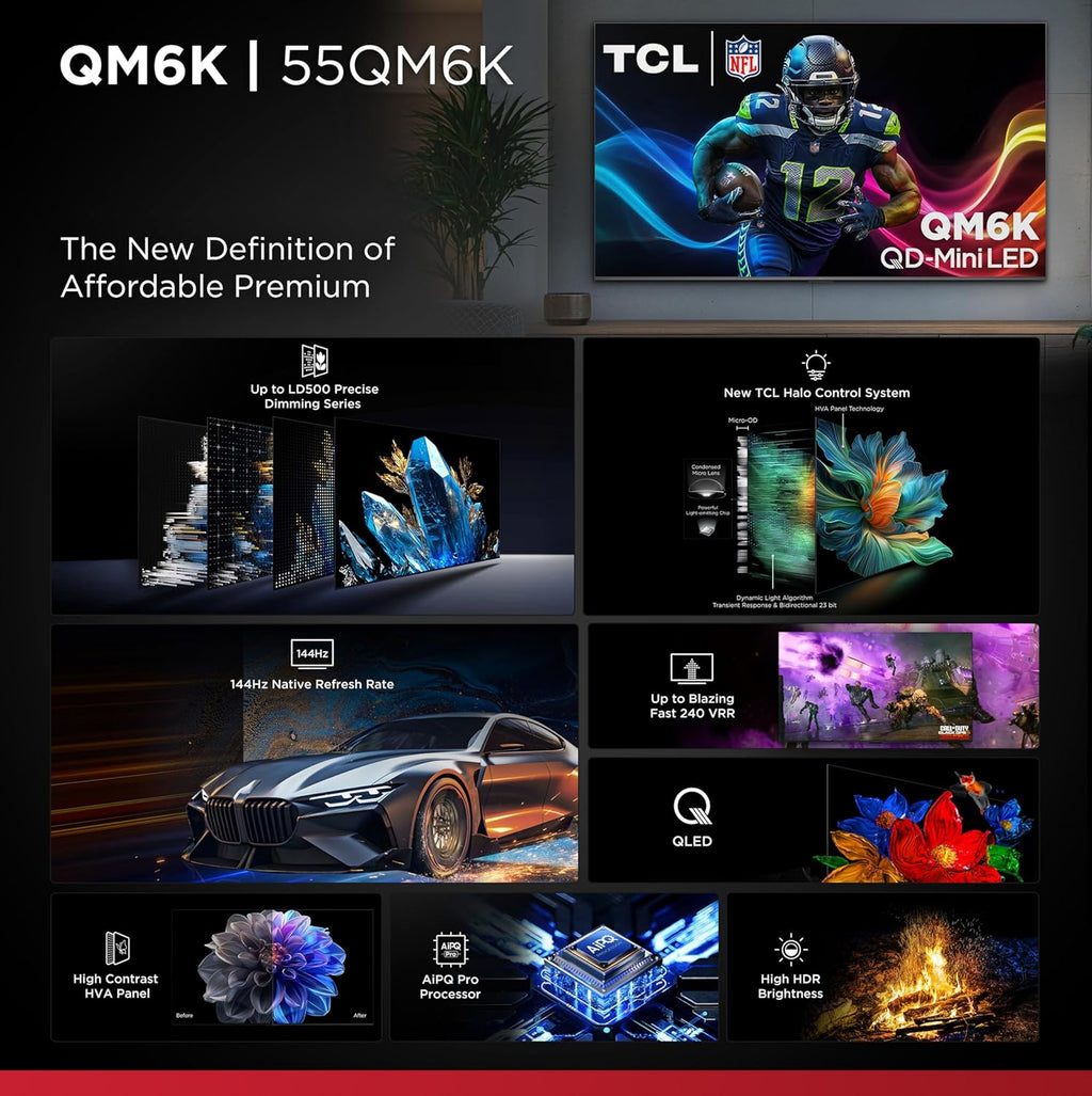 TCL 55 Inch Class QM6K Series | Mini LED QLED 4K HDR | 55QM6K, 2025 Model | 120HZ-144HZ High Brightness Smart Google TV Dolby Atmos Onkyo Audio | Voice Remote Alexa Gaming Streaming Television