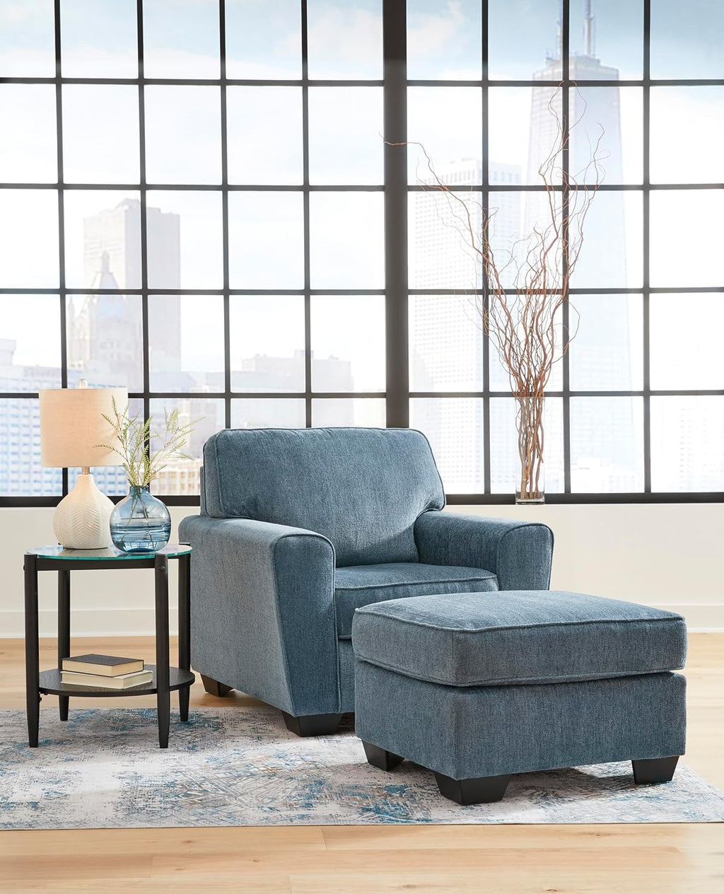 Signature Design by Ashley Cashton Contemporary Accent Ottoman with Faux Wood Finished Exposed Feet, Foam Cushion, Crosshatched Upholstery, 30" by 24", Blue