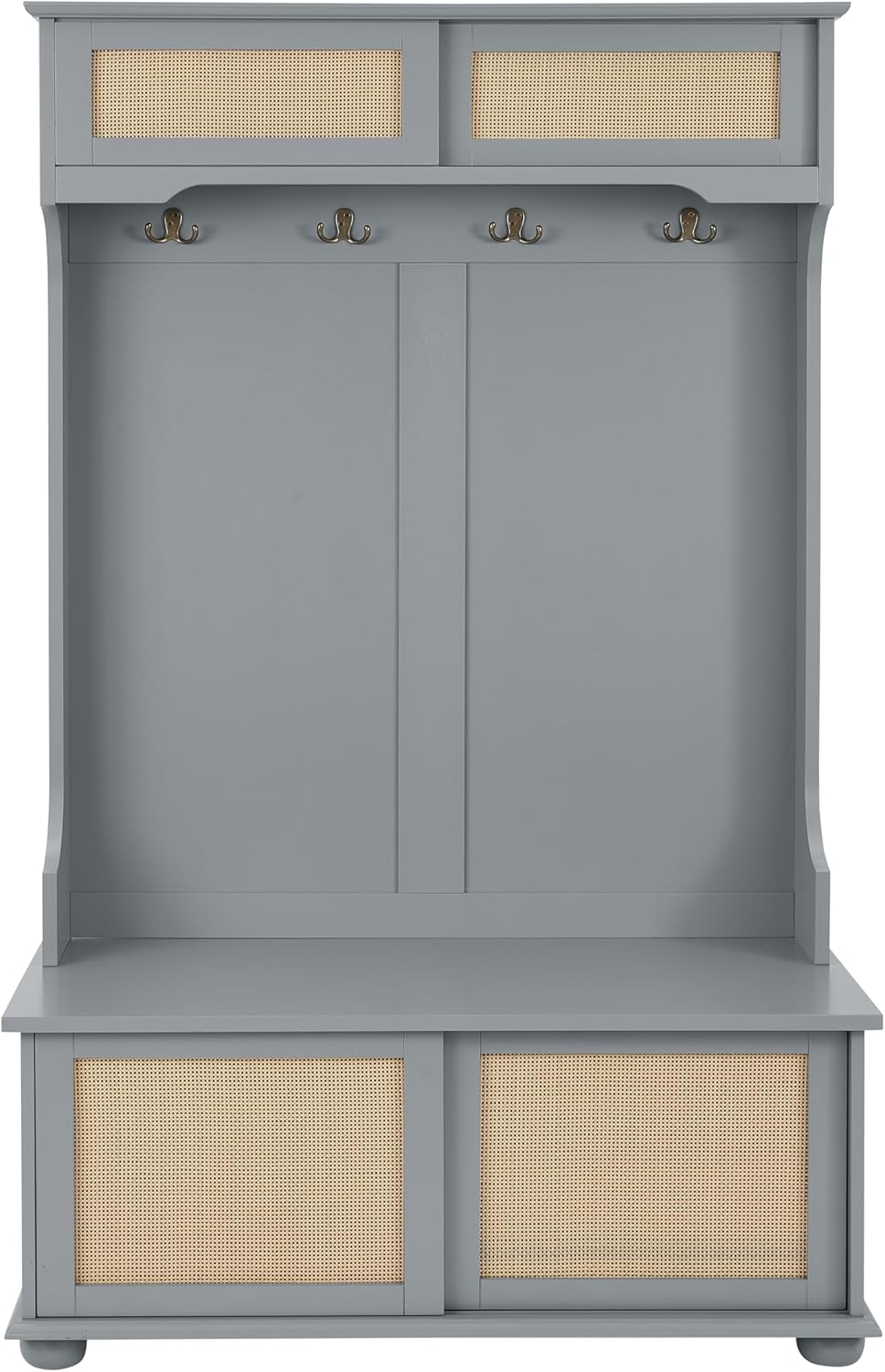 Wacfc Coat Hall Tree with Rattan Door, Clothes Hanger Hall Tree, Clothes Rack with Shoe Storage Bench, Coat Hook and Storage Open Shelf for Entryway Living Room, Gray