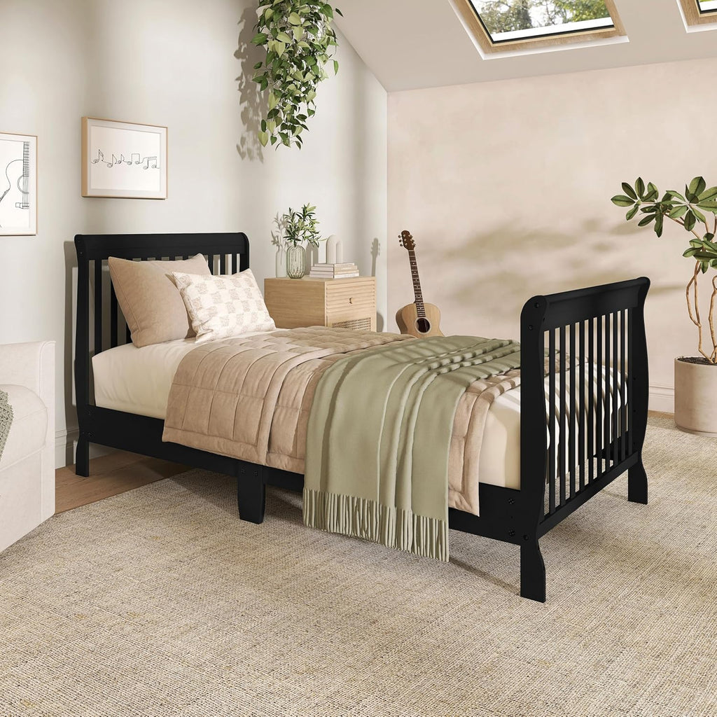 Dream On Me Aden 4-in-1 Convertible Mini Baby Crib, GREENGUARD Gold & BSA Certified, Sustainable Pinewood, Non-Toxic Finish, 3 Mattress Heights, Converts to Mini Day & Twin-Size Bed - Black