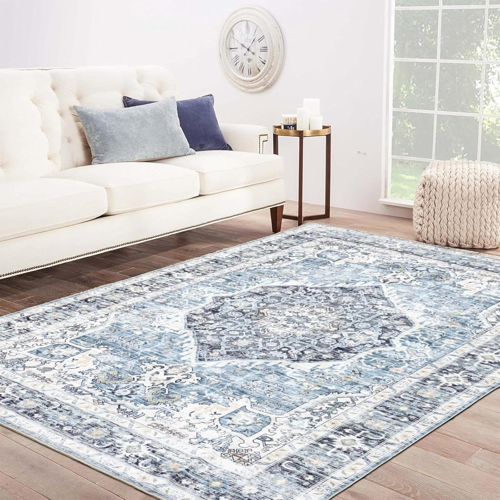Area Rug 8×10, Large Vintage Boho Rug,Ultra-Soft Low Pile, Washable, Non Slip,Stain Resistant, Printed Carpet for Living Room Bedrooms Playroom Office Kitchen, Light Blue