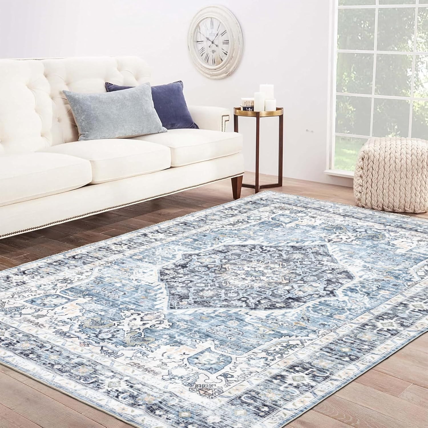 Area Rug 8×10, Large Vintage Boho Rug,Ultra-Soft Low Pile, Washable, Non Slip,Stain Resistant, Printed Carpet for Living Room Bedrooms Playroom Office Kitchen, Light Blue