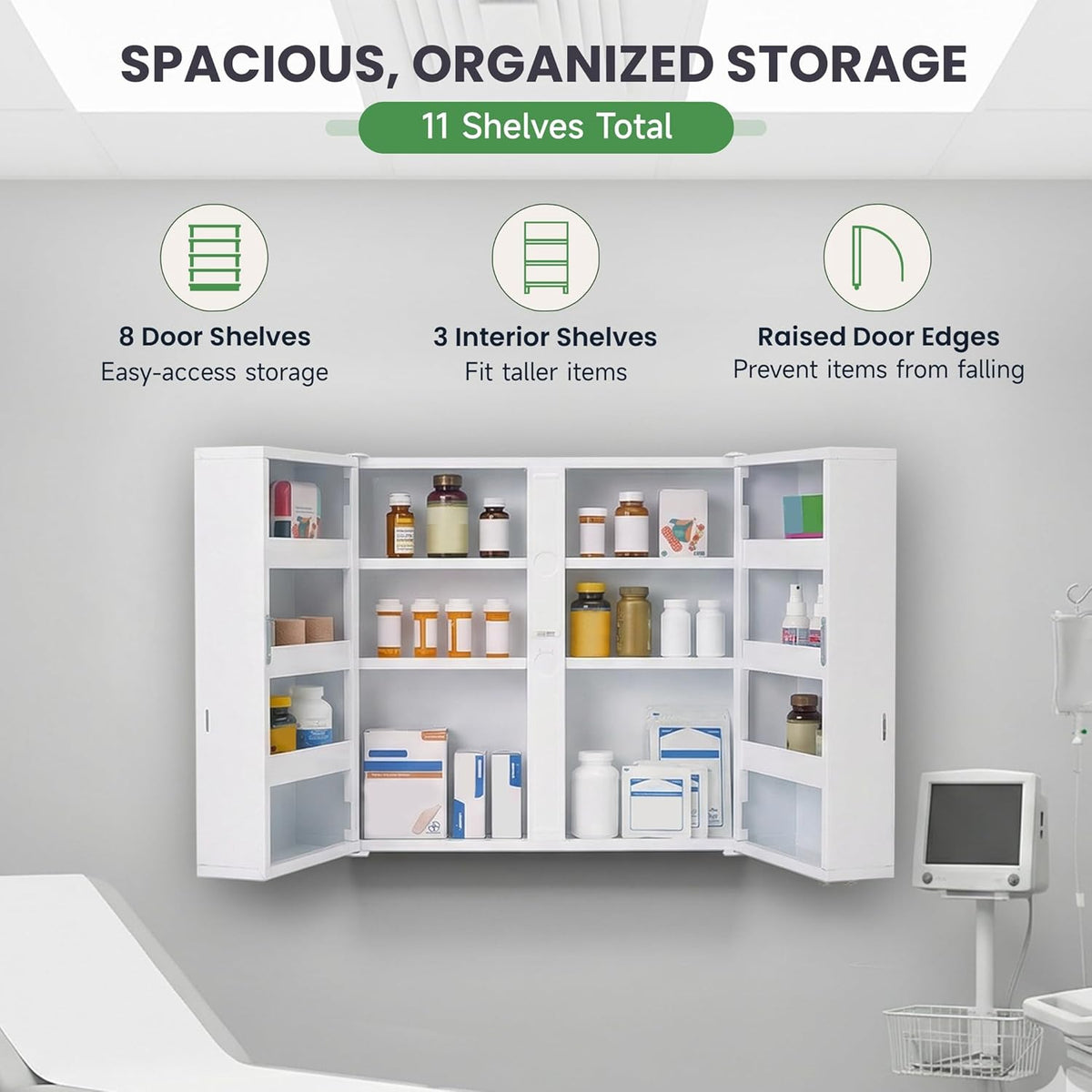 Large Locking Medicine Cabinet Wall Mounted - Metal Medical Cabinet with 11 Shelves - Medicine Cabinet with Lock and Keys for Safe Medication Storage
