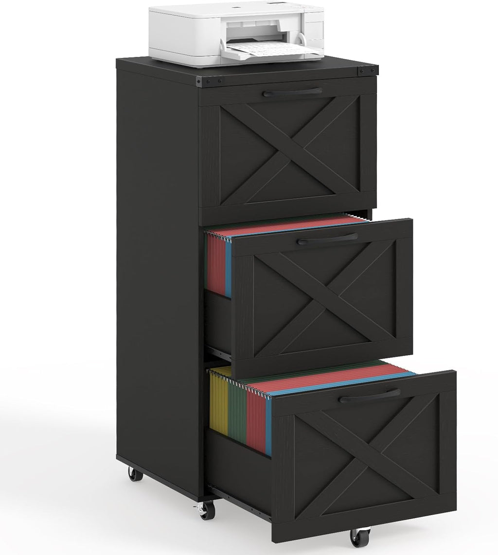 Halitaa 3 Drawer Tall File Cabinet with Wheels, Farmhouse Vertical Filing Cabinet Fits Letter/A4 Size, Rolling File Cabinets Wooden Printer Stand for Home Office, Black