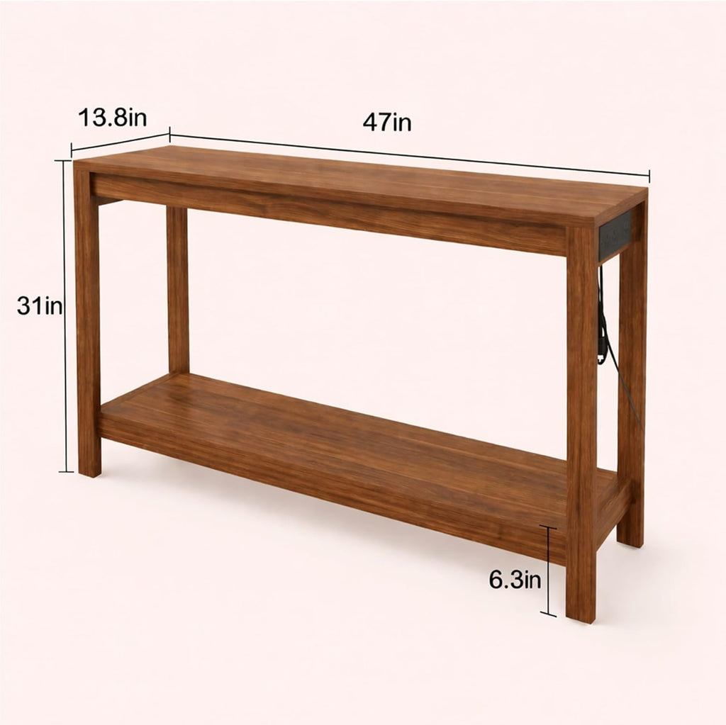 47" Entryway Table, Narrow Console Sofa Table, with Outlets and USB-C Port, Entryway Table with Open Storage, for Living Room, Hallway, Entryway, Foyer, Kitchen Counter, Walnut