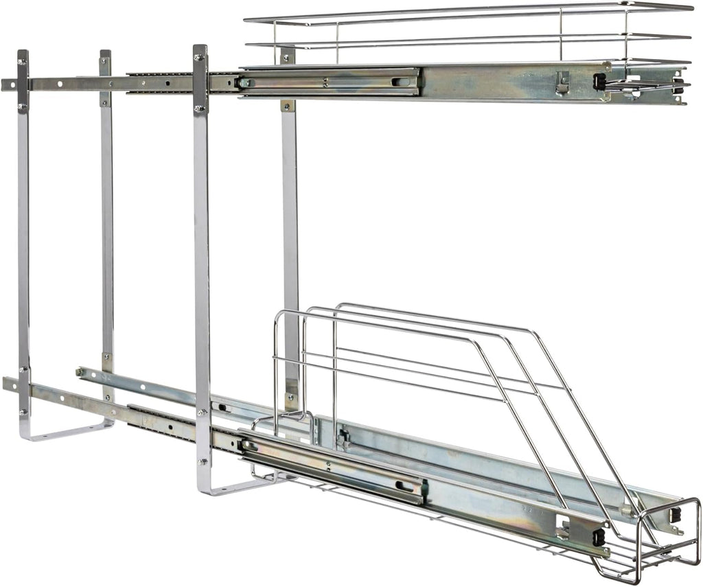 Household Essentials Glidez Multipurpose Chrome-Plated Steel Pull-Out/Slide-Out Storage Organizer for Cookware and Bakeware - 2-Tier Design - Fits Standard Size Cabinet or Shelf, Chrome