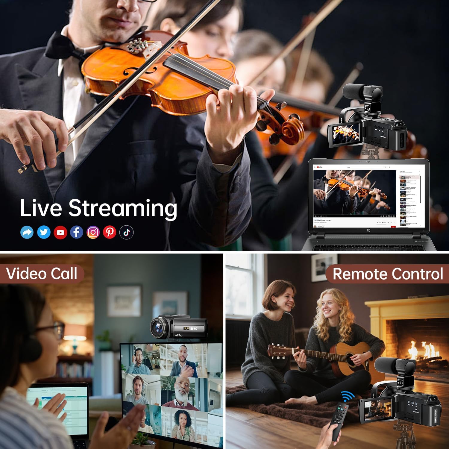 8K Video Camera 88MP UHD WiFi Vlogging Cameras for YouTube 18X Digital Zoom IR Night Vision 3.0'' Touch Screen Camcorder with 32GB Card, Microphone, Lens Hood, Stabilizer, Remote, Two Batteries