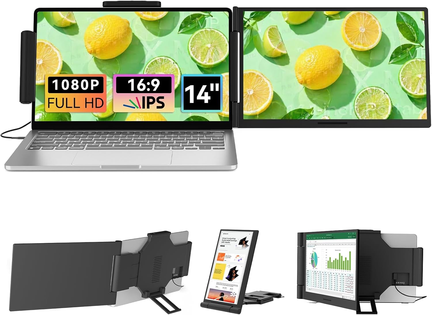 Laptop Screen Extender 14.1" 1080P IPS, Dual Screen Portable Monitor for Laptop 13-17.3", Plug & Play Monitor Extender with USB-C/HDMI, Travel Monitor for Work & Home Office Mac/Windows/Chrome/Android