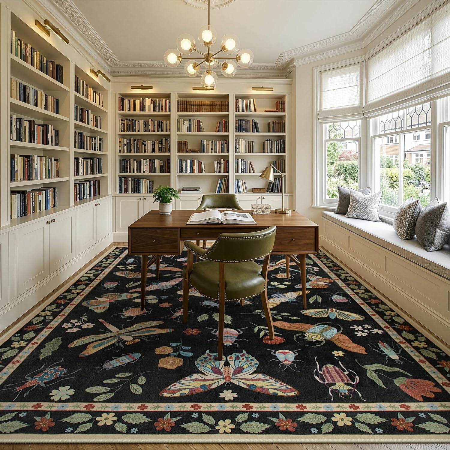 Lahome Insect Area Rugs 8x10, Non Slip Washable Rugs for Living Room 8x10 Rug, Soft Modern Bedroom Rug Under Bed Ultra-Thin Large Carpet for Dining Room Office Playroom Vionnet, Black