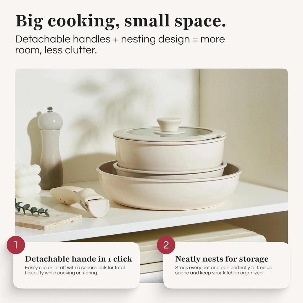 GOURMETIFIC® Pots and Pans Cookware Set 11 PIECES - Non Toxic Ceramic Coated Cooking Ware - Induction, Gas & Oven Kitchenware - Non Stick Pot & Pan with Removable Handles & Stackable (Cream)