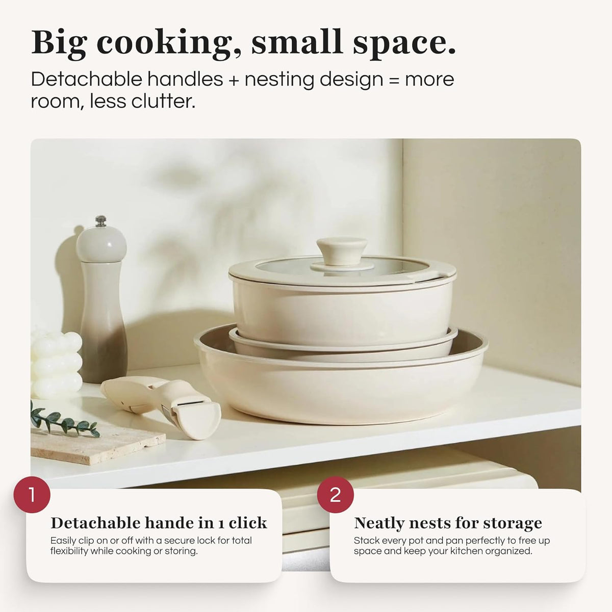 GOURMETIFIC® Pots and Pans Cookware Set 11 PIECES - Non Toxic Ceramic Coated Cooking Ware - Induction, Gas & Oven Kitchenware - Non Stick Pot & Pan with Removable Handles & Stackable (Cream)
